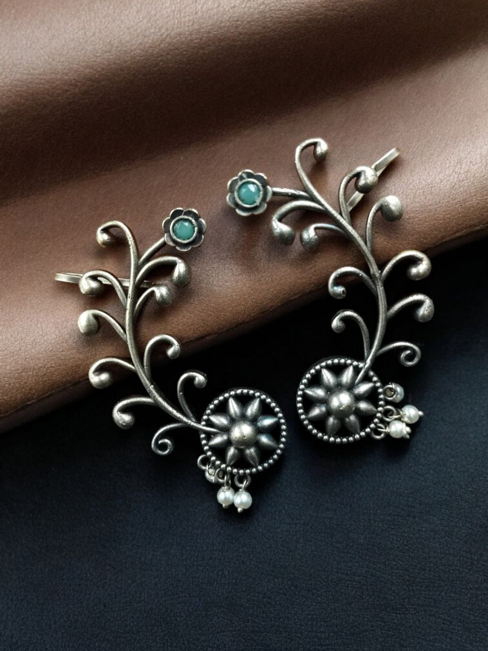 Traditional Look Flower Design Earcuff | Silver Replica Stone & Pearl Work Beautiful Jewelry For Girls - Image 4