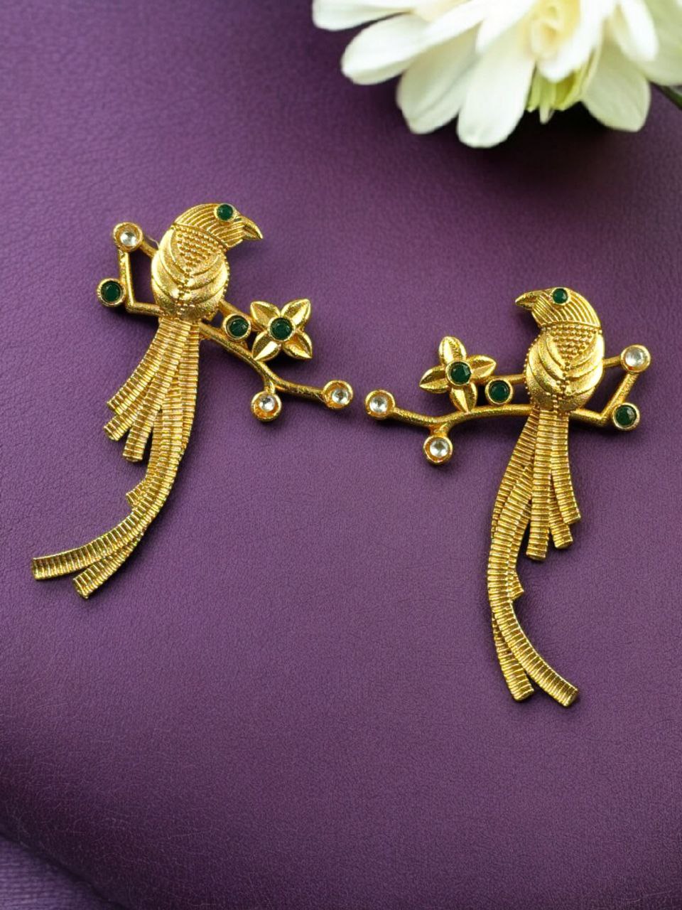 Handcrafted Gold Plated Parrot Stud Earrings | Flower Design & Stone Work Beautiful Jewelry - Image 4