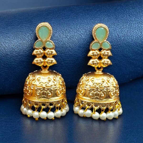 Gold Plated Floral Art Jhumka Dangler Earrings | Stone & Pearl Work Unique Jewelry - "Mint"
