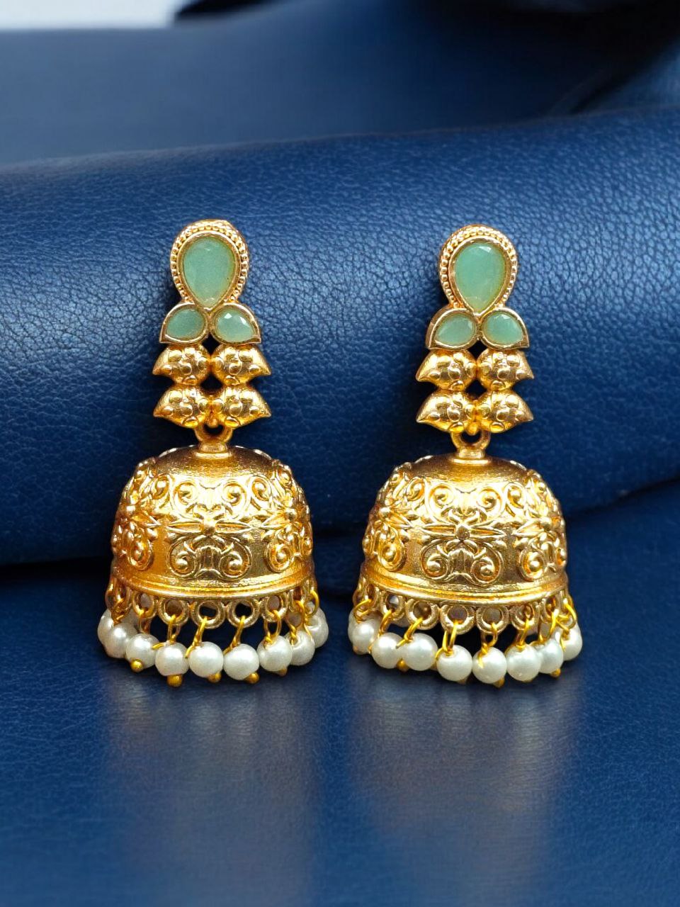 Gold Plated Floral Art Jhumka Dangler Earrings | Stone & Pearl Work Unique Jewelry - Image 4