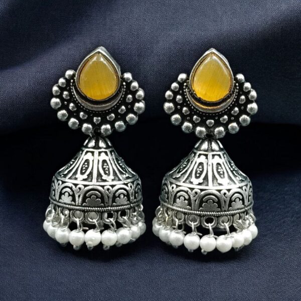 Traditional Monalisa Stone Silver Plated Jhumka Earrings | Best Pearl Work Festive Wear Jewelry - "Yellow"