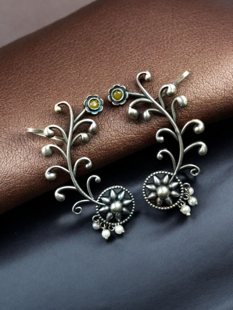 Traditional Look Flower Design Earcuff | Silver Replica Stone & Pearl Work Beautiful Jewelry For Girls - Image 5