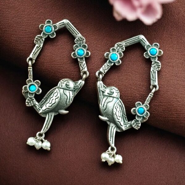 Traditional Silver Replica Parrot Design Dangler Earrings | Stone & Pearl Work Best Oxidized Jewelry - "Aqua"