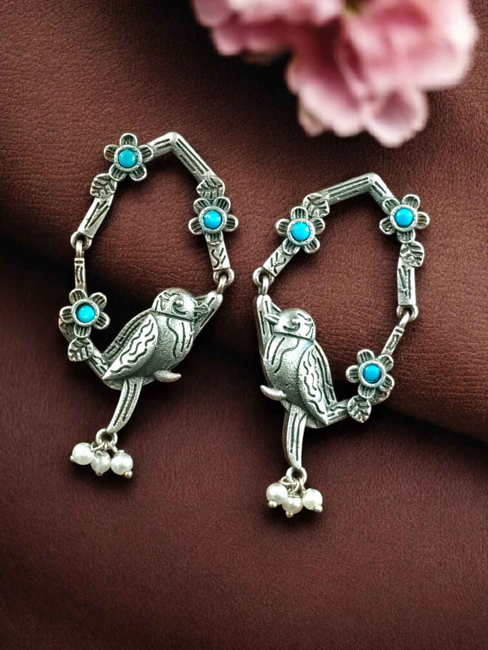 Traditional Silver Replica Parrot Design Dangler Earrings | Stone & Pearl Work Best Oxidized Jewelry - Image 7