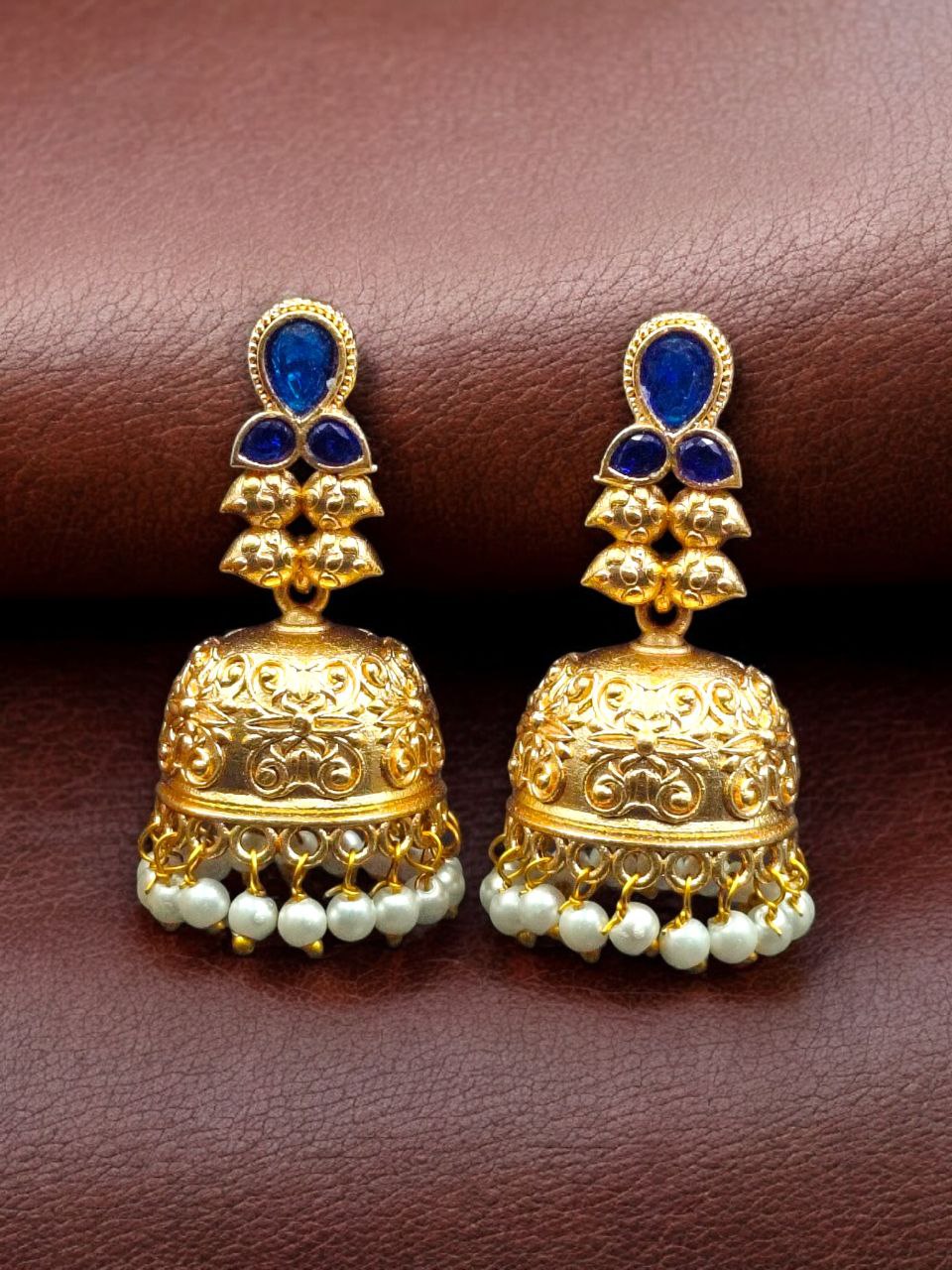 Gold Plated Floral Art Jhumka Dangler Earrings | Stone & Pearl Work Unique Jewelry - Image 5