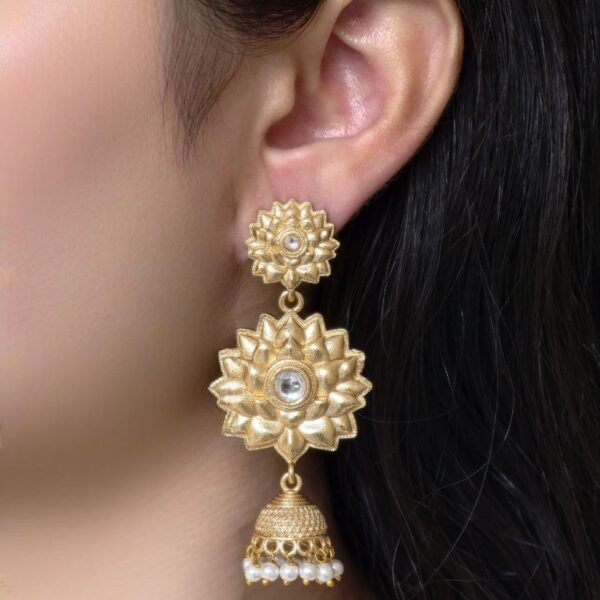 Elegant Gold Plated Flower Design Jhumka Earrings | Stone & Pearl Work Amazing Jewelry - "White"