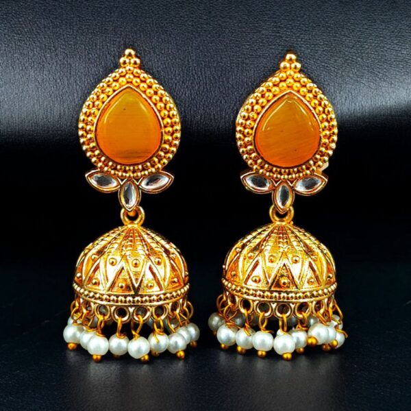 Designer Gold Plated Jhumka Earrings | Stone & Pearl Work Jewelry Perfect Gift For Her - "Yellow"