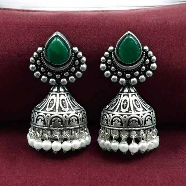 Traditional Monalisa Stone Silver Plated Jhumka Earrings | Best Pearl Work Festive Wear Jewelry - "Green"