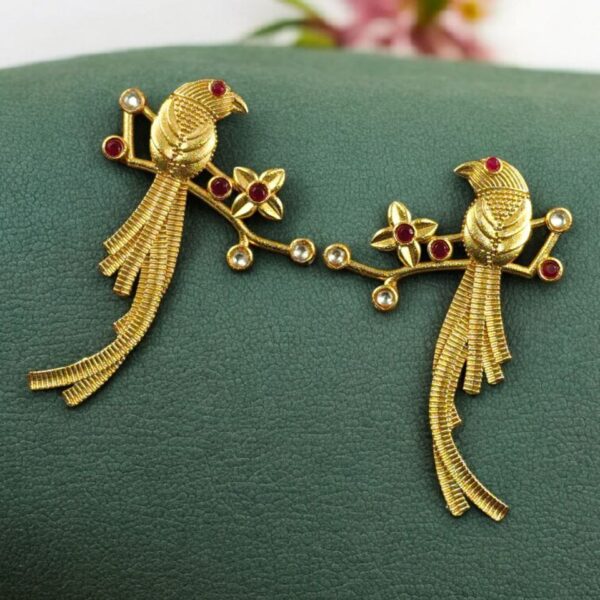 Handcrafted Gold Plated Parrot Stud Earrings | Flower Design & Stone Work Beautiful Jewelry - "Red"