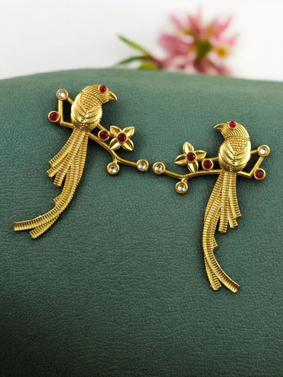 Handcrafted Gold Plated Parrot Stud Earrings | Flower Design & Stone Work Beautiful Jewelry - Image 6