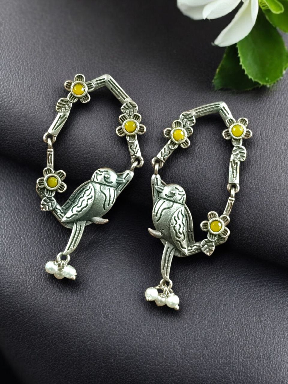 Traditional Silver Replica Parrot Design Dangler Earrings | Stone & Pearl Work Best Oxidized Jewelry - Image 6