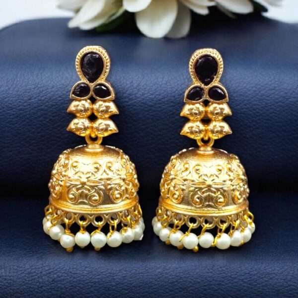 Gold Plated Floral Art Jhumka Dangler Earrings | Stone & Pearl Work Unique Jewelry - "Black"