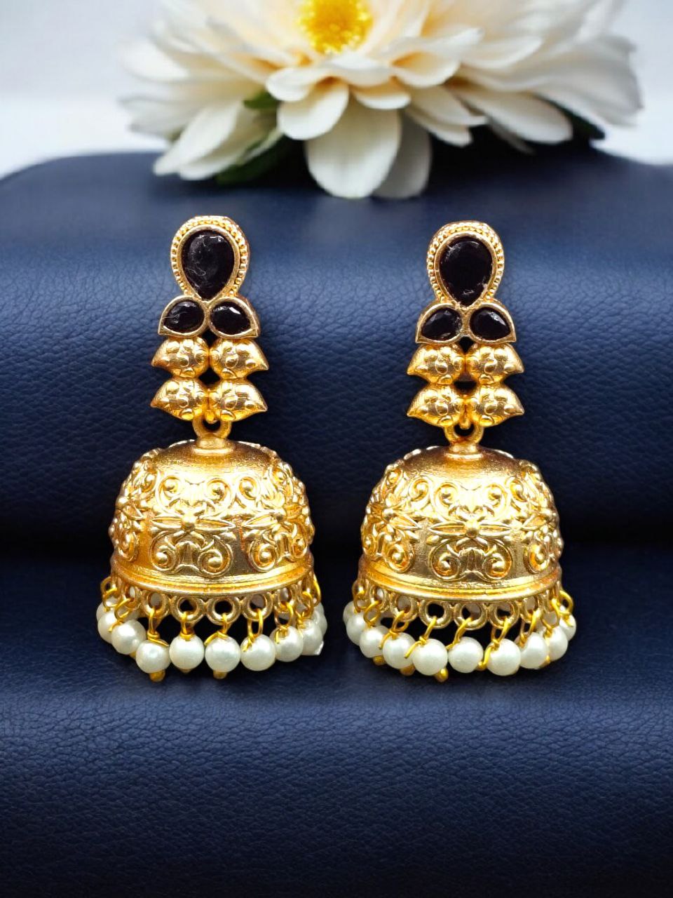 Gold Plated Floral Art Jhumka Dangler Earrings | Stone & Pearl Work Unique Jewelry - Image 6