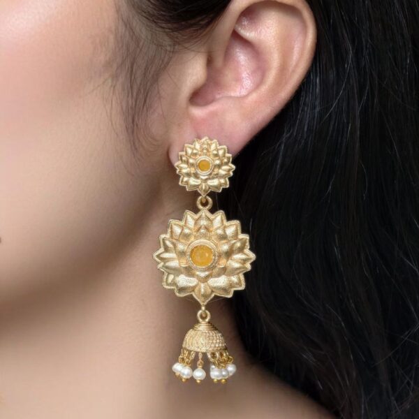 Elegant Gold Plated Flower Design Jhumka Earrings | Stone & Pearl Work Amazing Jewelry - "Yellow"
