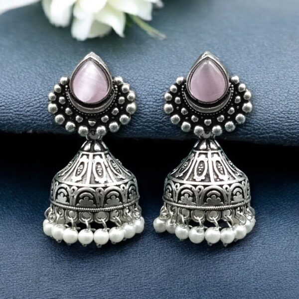 Traditional Monalisa Stone Silver Plated Jhumka Earrings | Best Pearl Work Festive Wear Jewelry - "Baby Pink"