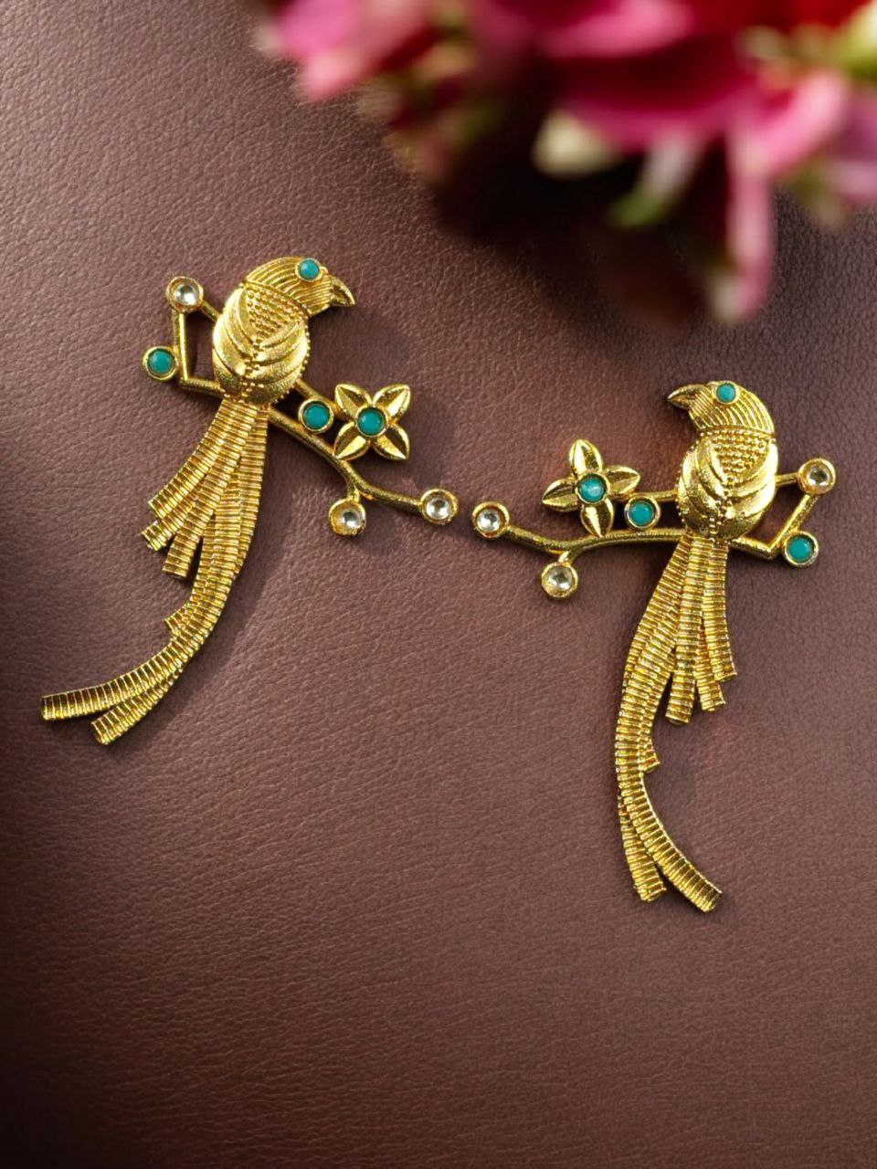 Handcrafted Gold Plated Parrot Stud Earrings | Flower Design & Stone Work Beautiful Jewelry - Image 7