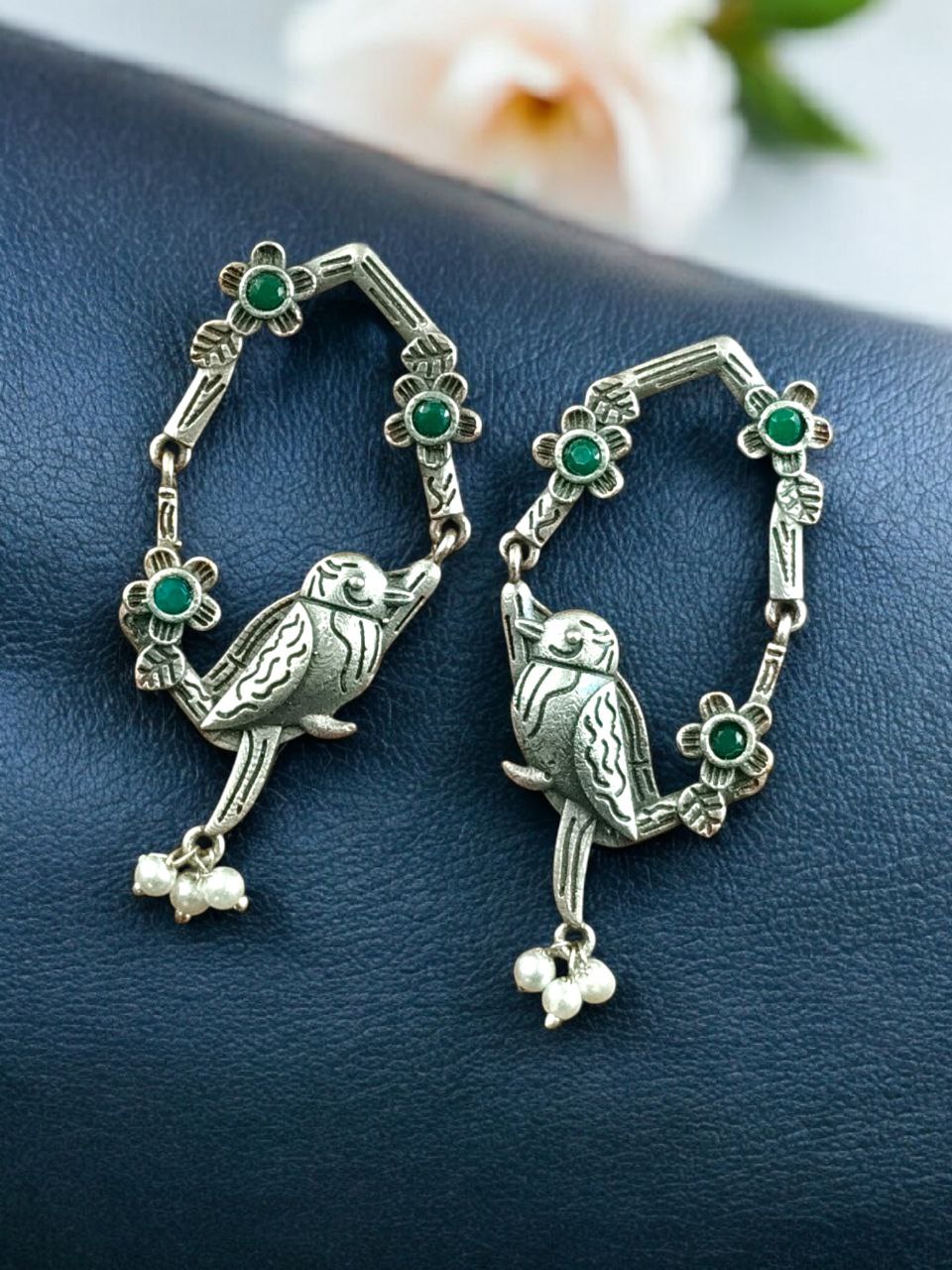 Traditional Silver Replica Parrot Design Dangler Earrings | Stone & Pearl Work Best Oxidized Jewelry - Image 5