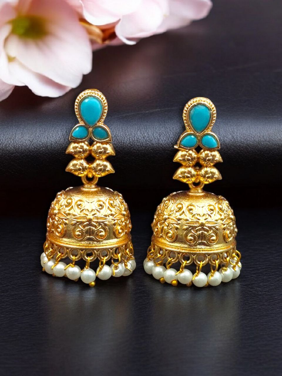 Gold Plated Floral Art Jhumka Dangler Earrings | Stone & Pearl Work Unique Jewelry - Image 7
