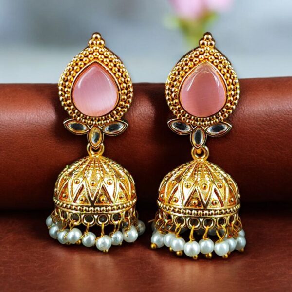 Designer Gold Plated Jhumka Earrings | Stone & Pearl Work Jewelry Perfect Gift For Her - "Baby Pink"