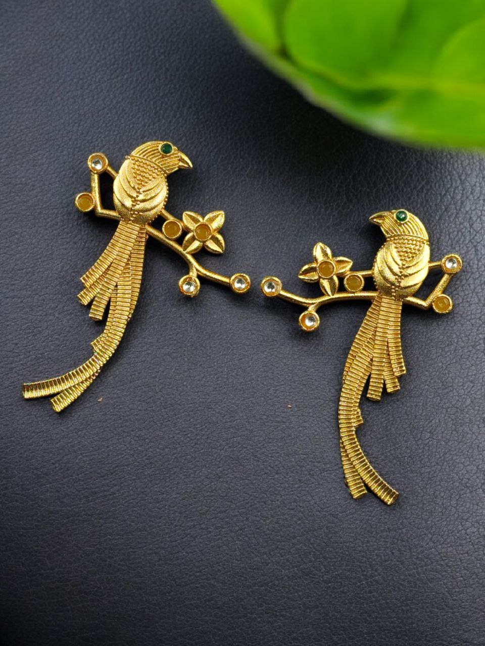 Handcrafted Gold Plated Parrot Stud Earrings | Flower Design & Stone Work Beautiful Jewelry - Image 8