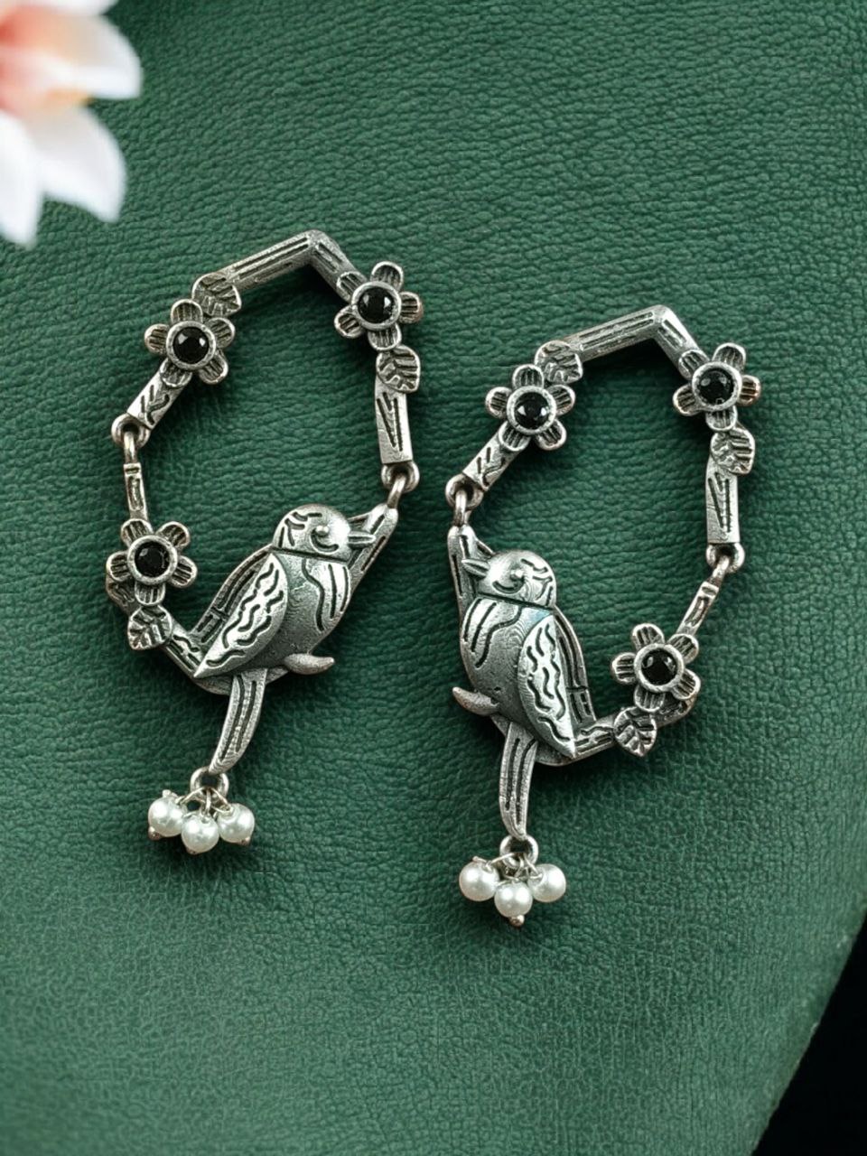 Traditional Silver Replica Parrot Design Dangler Earrings | Stone & Pearl Work Best Oxidized Jewelry - Image 4