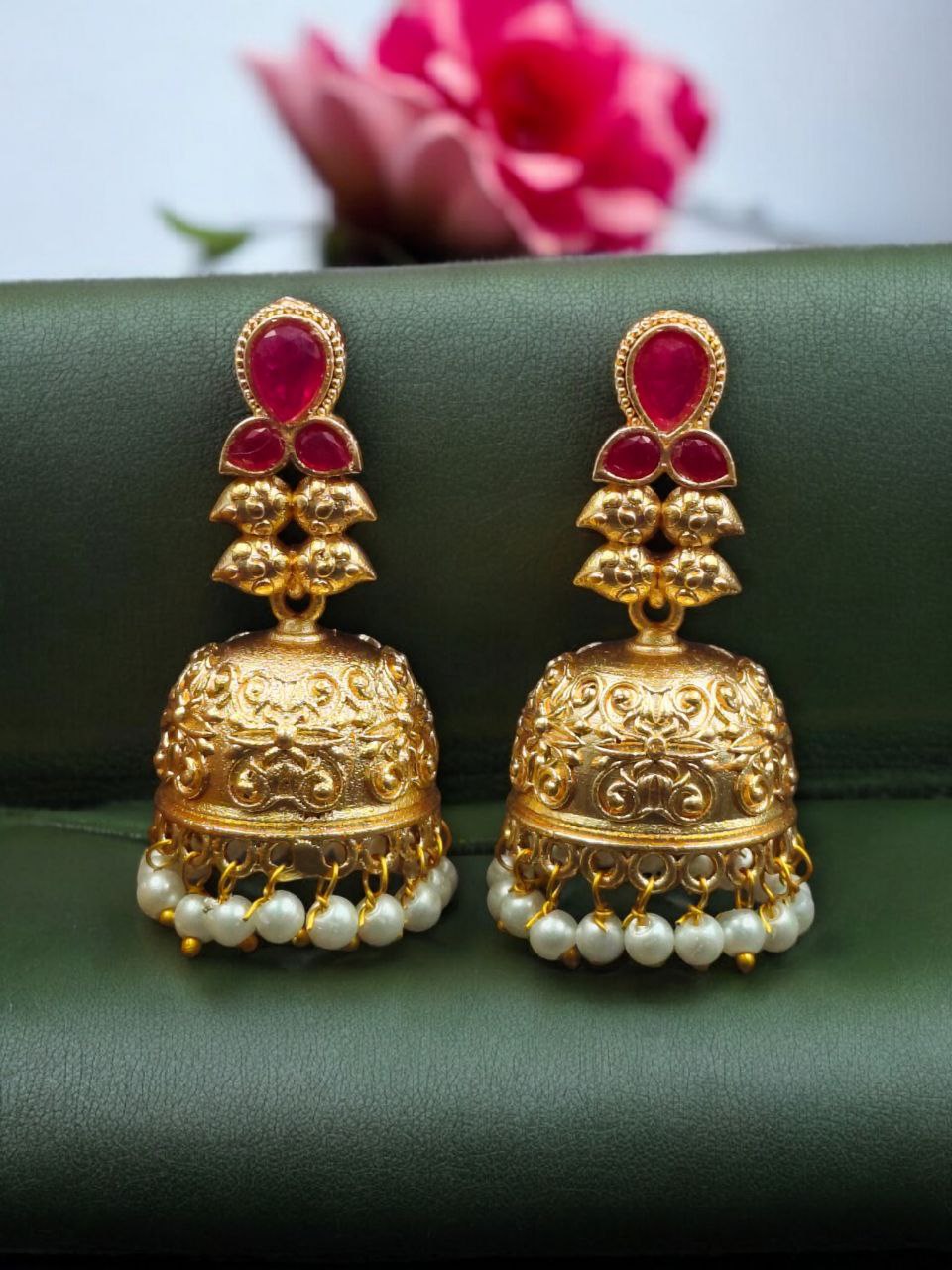 Gold Plated Floral Art Jhumka Dangler Earrings | Stone & Pearl Work Unique Jewelry - Image 8