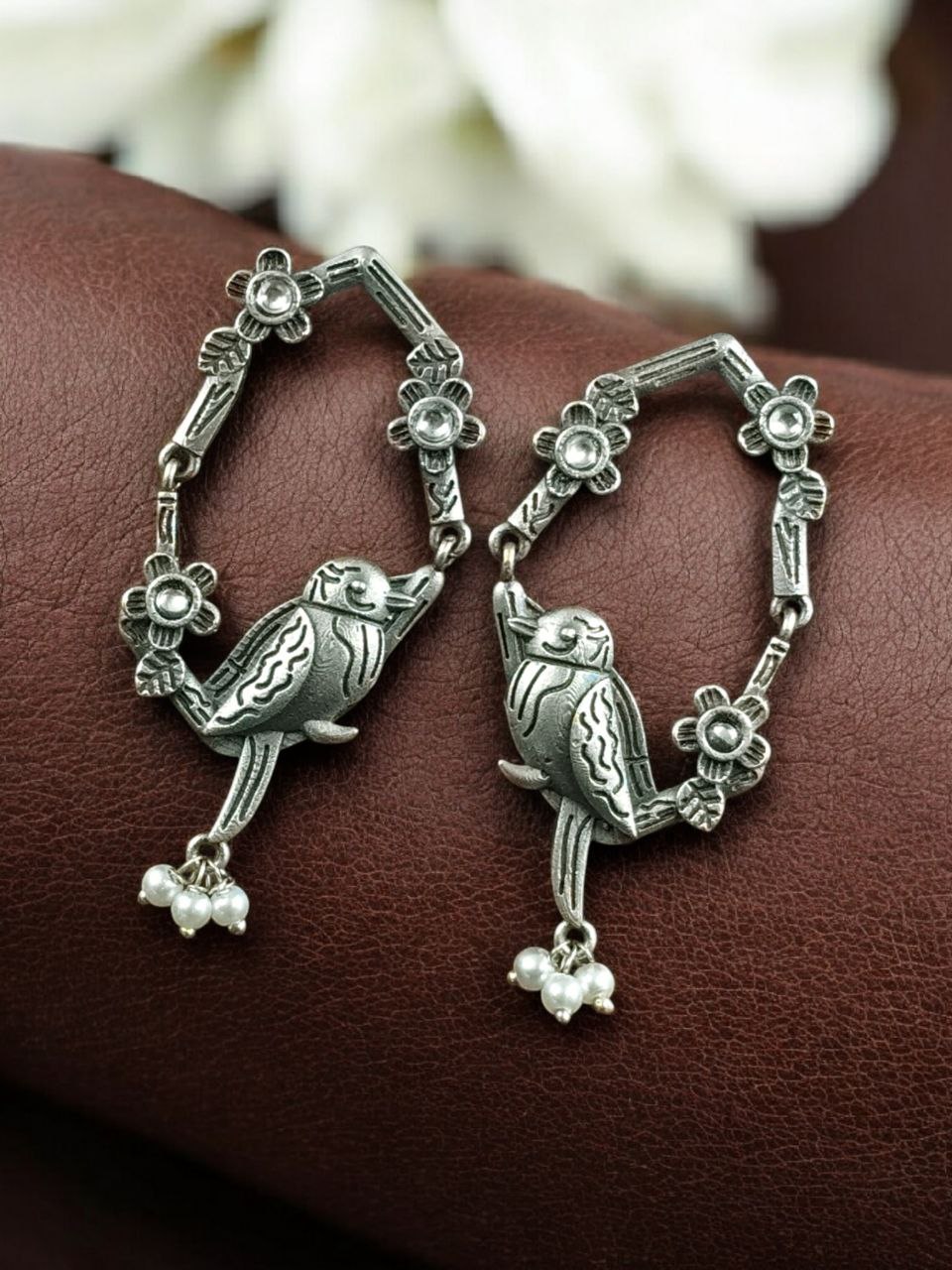 Traditional Silver Replica Parrot Design Dangler Earrings | Stone & Pearl Work Best Oxidized Jewelry - Image 3