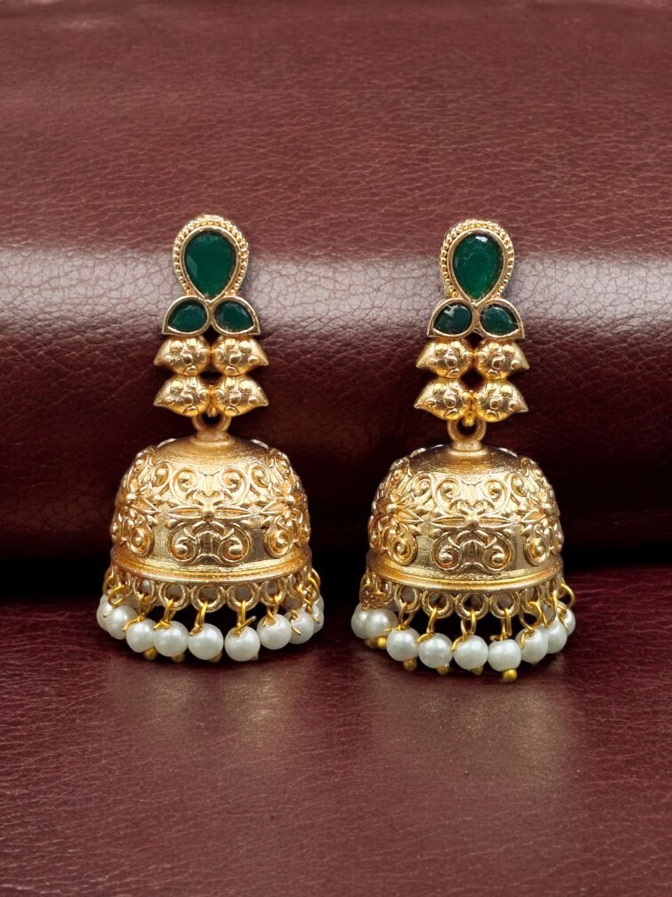 Gold Plated Floral Art Jhumka Dangler Earrings | Stone & Pearl Work Unique Jewelry - Image 9