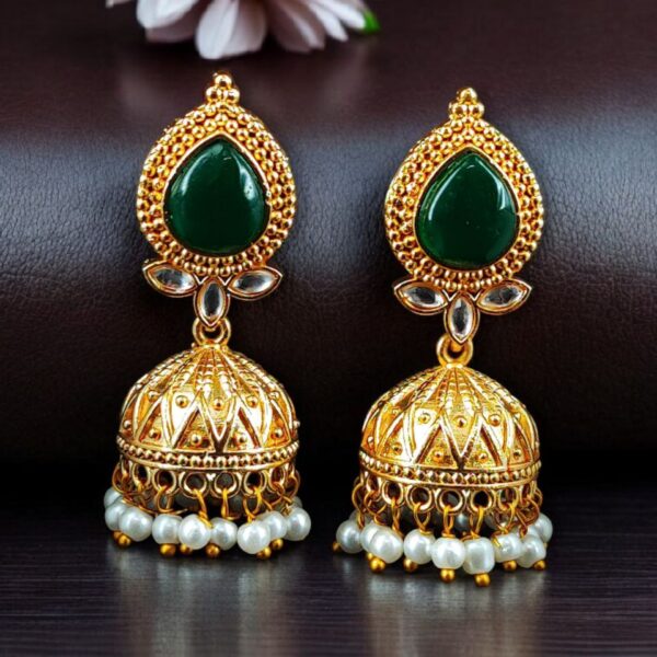 Designer Gold Plated Jhumka Earrings | Stone & Pearl Work Jewelry Perfect Gift For Her - "Green"