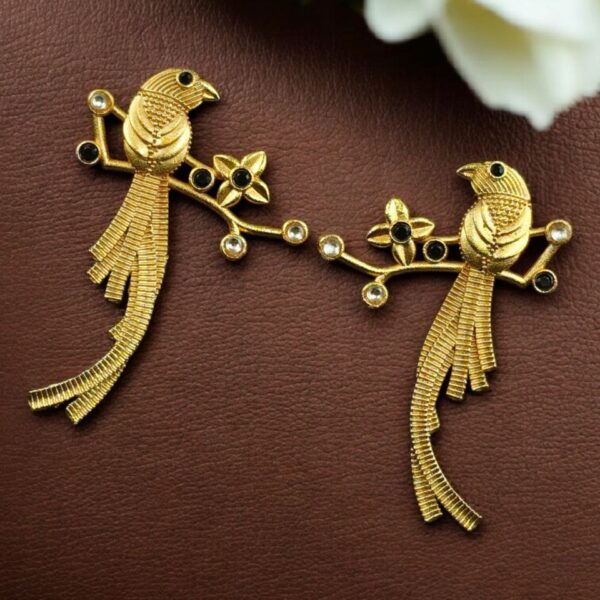 Handcrafted Gold Plated Parrot Stud Earrings | Flower Design & Stone Work Beautiful Jewelry - "Black"