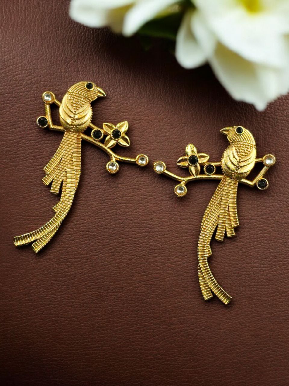 Handcrafted Gold Plated Parrot Stud Earrings | Flower Design & Stone Work Beautiful Jewelry - Image 10