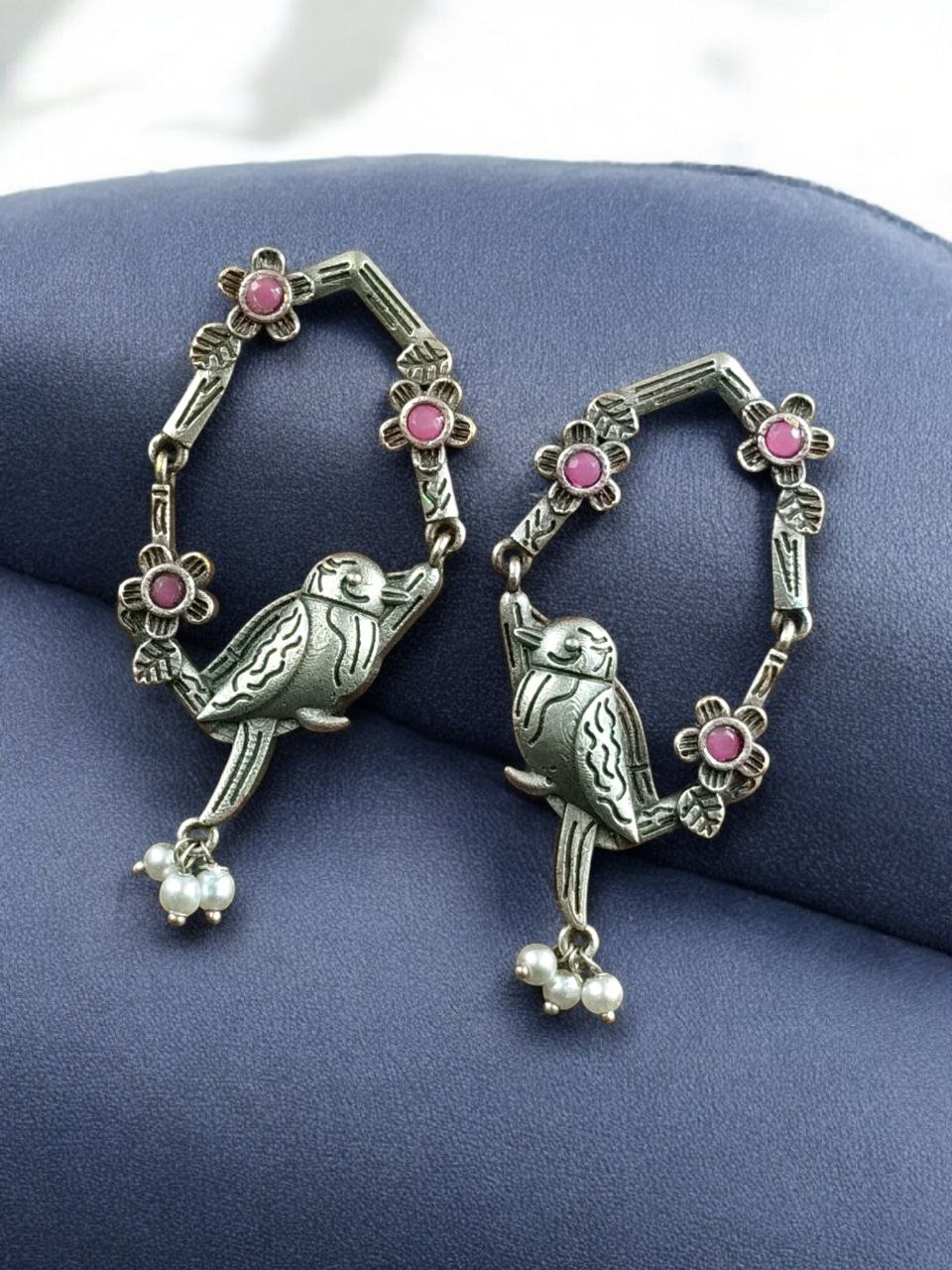 Traditional Silver Replica Parrot Design Dangler Earrings | Stone & Pearl Work Best Oxidized Jewelry - Image 2