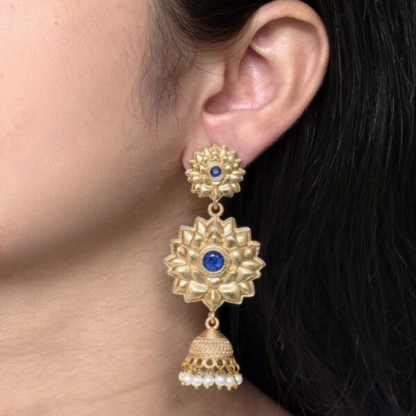Elegant Gold Plated Flower Design Jhumka Earrings | Stone & Pearl Work Amazing Jewelry - "Blue"