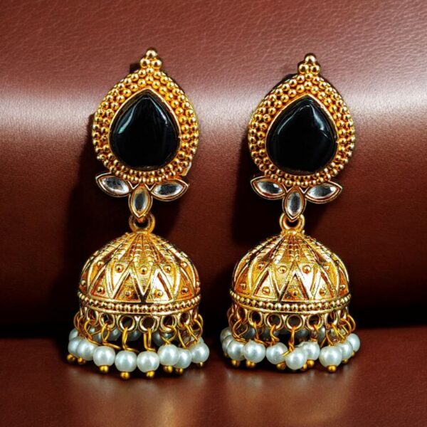 Designer Gold Plated Jhumka Earrings | Stone & Pearl Work Jewelry Perfect Gift For Her - "Black"