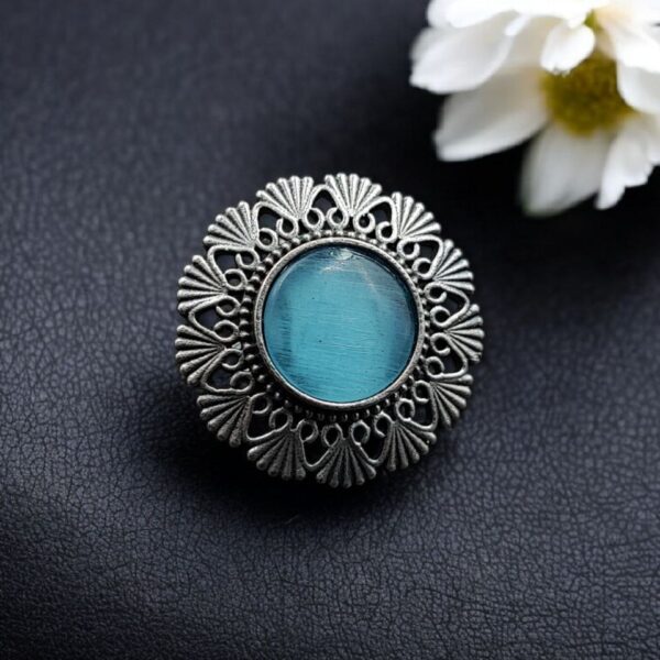 Authentic Silver Replica Floral Art Design Statement Ring - "Aqua"