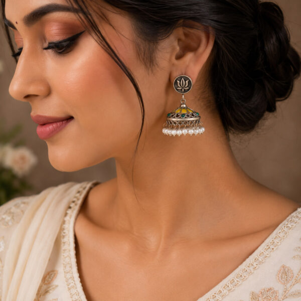 Silver Lotus Jhumka Premium Brass Traditional Ethnic Earrings for Women
