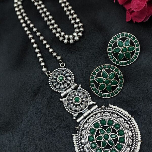 Amazing Flower Design Silver Replica Necklace Set with Round Stud Earrings - "Green"