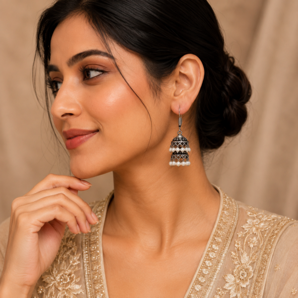 Silver Jhumki traditional designer earrings for women premium jewelry