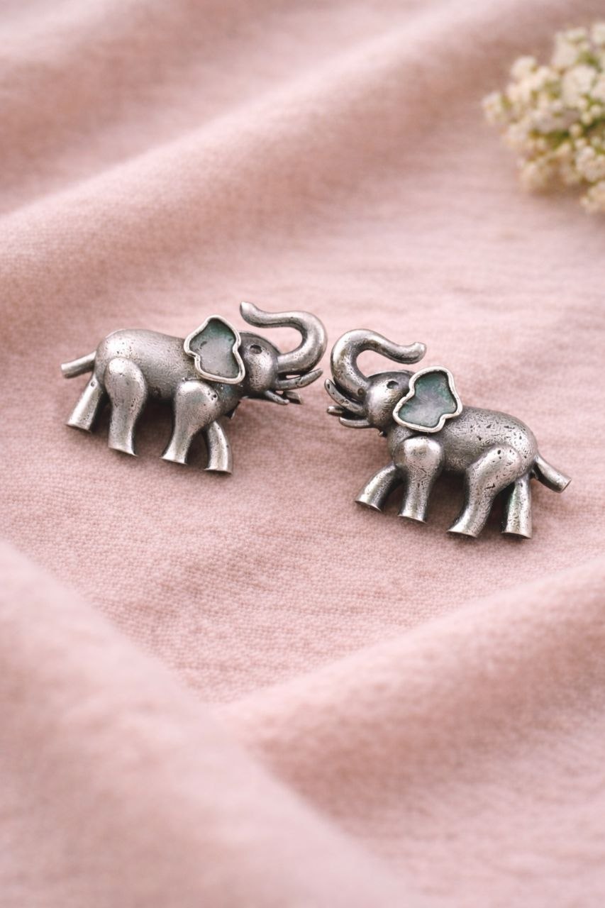 Oxidized Elephant Studs with Cute Ethnic Design