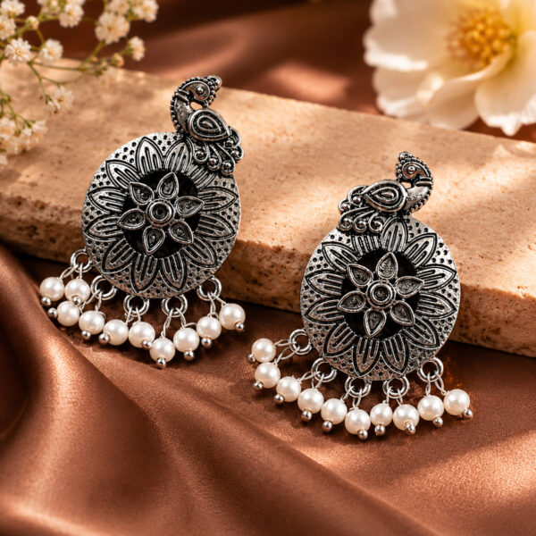 Traditional Silver Peacock Earrings with Elegant Ethnic Design