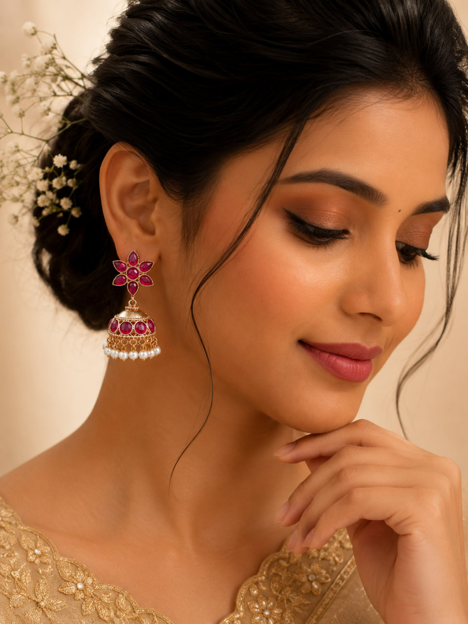 Ethnic Gold Jhumka with Pearl Work Detailing