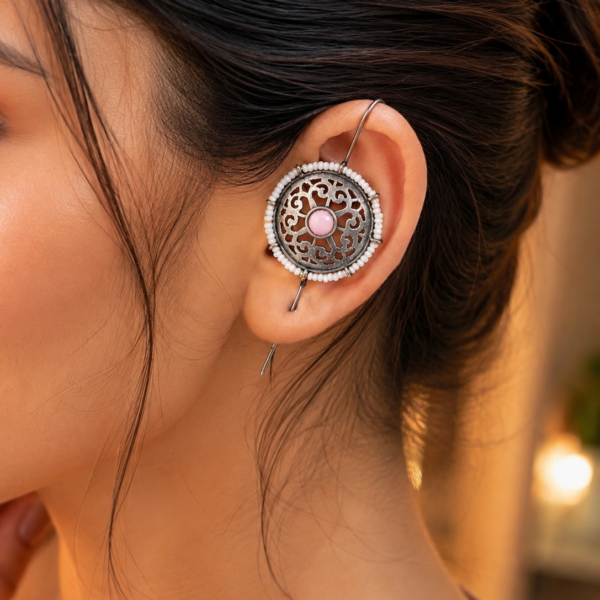 silver flower earcuff with elegant floral detailing and stylish modern ear jewellery design