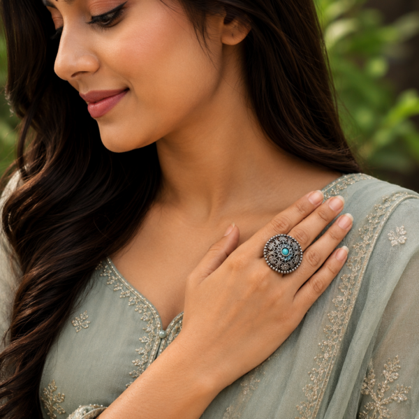 Silver traditional ring with exquisite ethnic detailing and elegant silver-inspired jewellery design