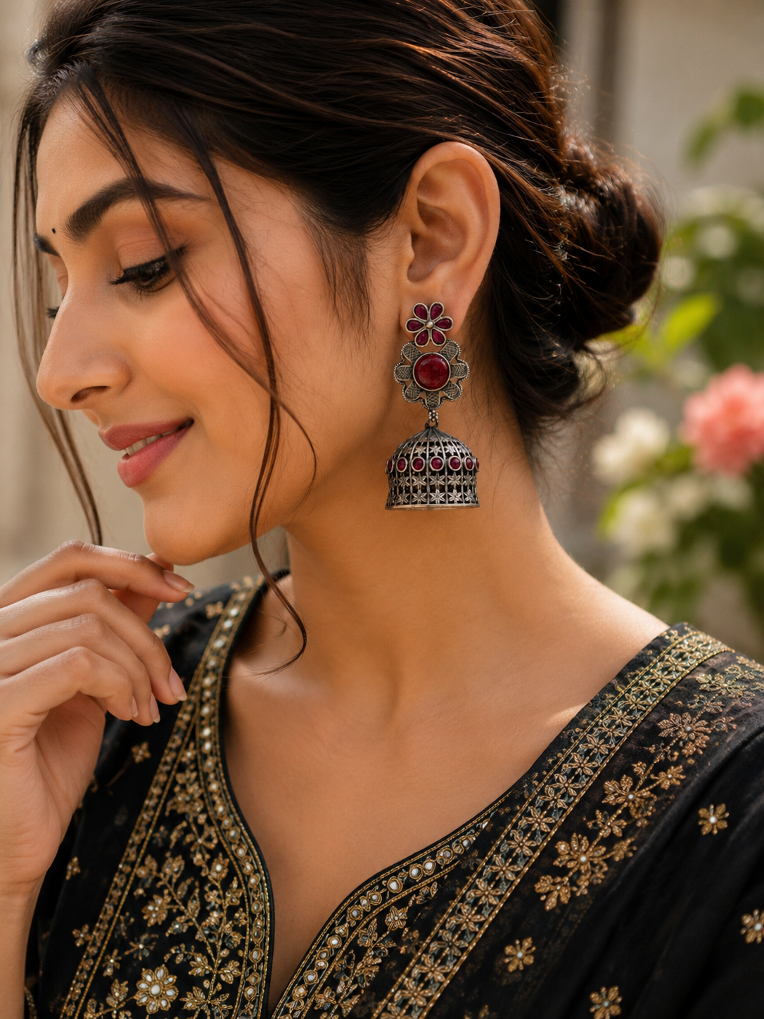 antique floral jhumka with stunning traditional flower detailing and elegant ethnic jewellery design