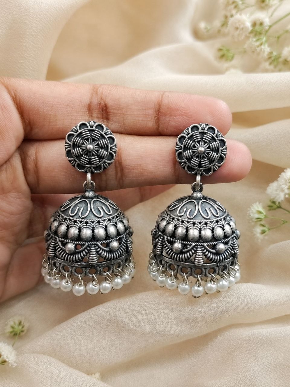 Elegant Flower Jhumka Oxidized Silver Jhumka Earrings for Pearl Work Detailing - Image 3