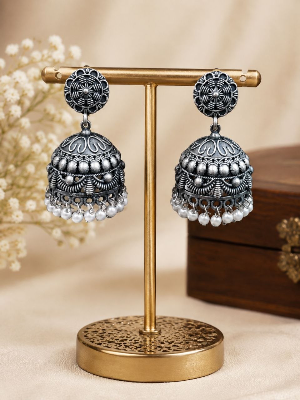 Elegant Flower Jhumka Oxidized Silver Jhumka Earrings for Pearl Work Detailing - Image 2