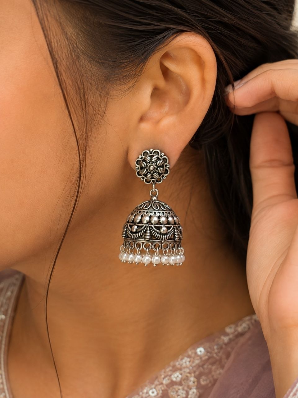 Elegant Flower Jhumka Oxidized Silver Jhumka Earrings for Pearl Work Detailing