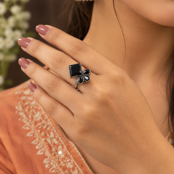 Oxidised Stone Ring with antique finish and elegant stone detailing for women