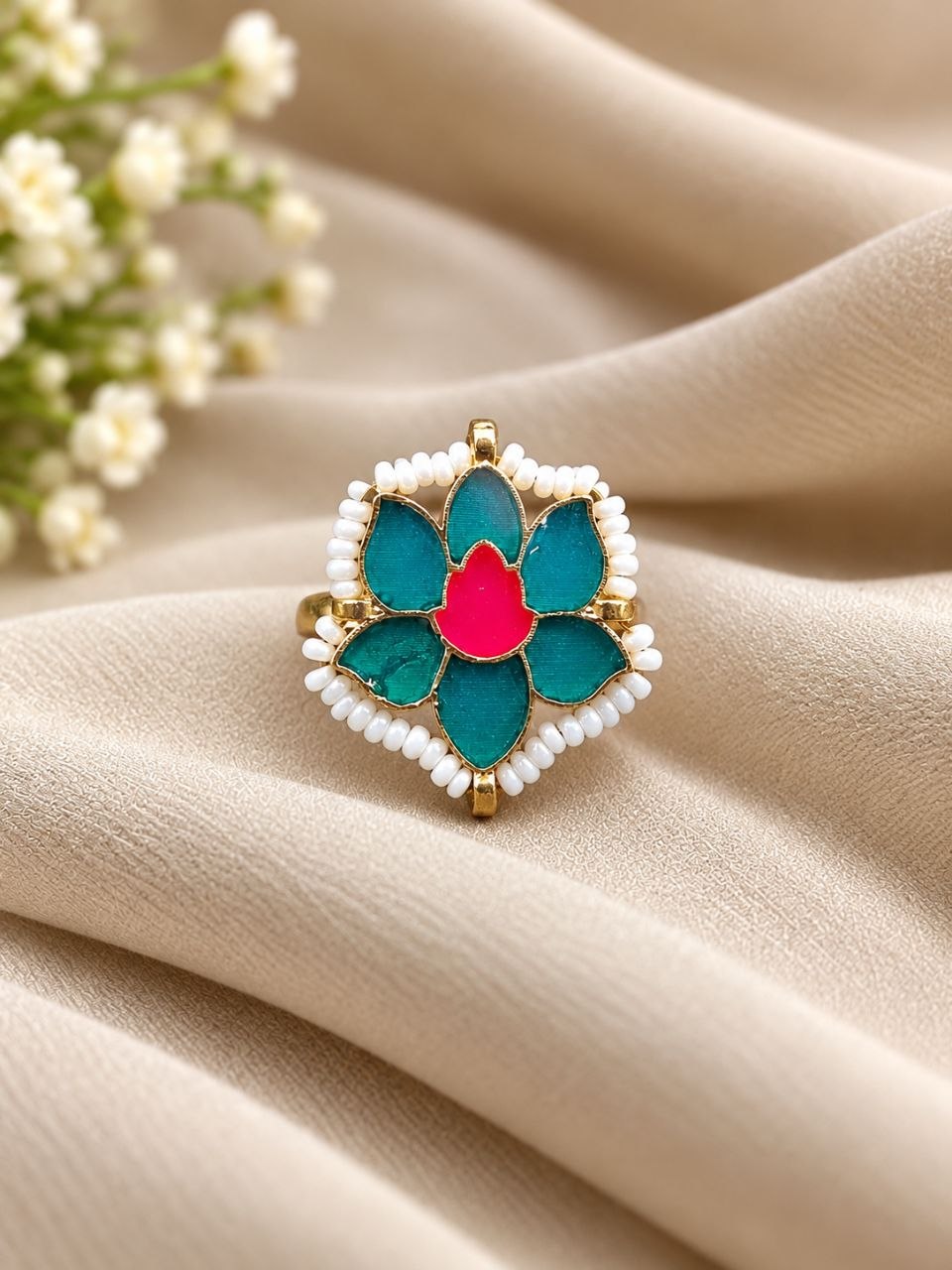 Meenakari Lotus Ring floral traditional brass jewellery