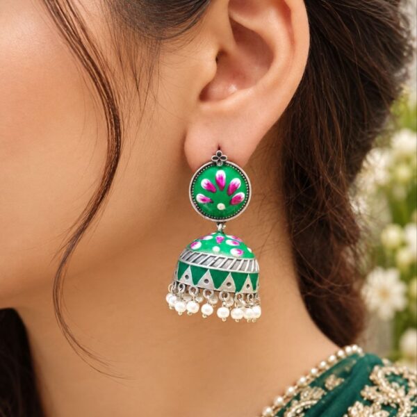 Silver Meenakari Jhumka Traditional Brass Earrings with Elegant Meenakari Detailing